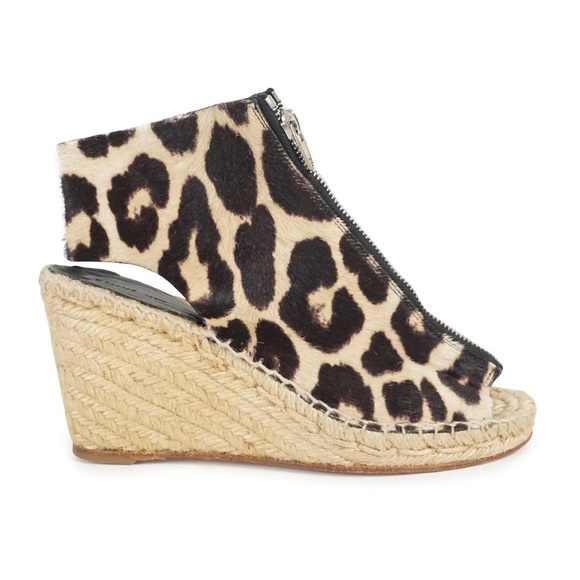Céline Leather Leopard Print Pony Hair Peep Toe Espadrille Wedges - Picture 2 of 8